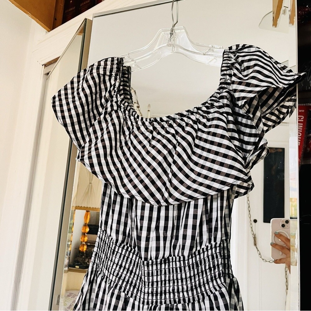 NWT Chelsea & Theodore Black & White Gingham Off the Shoulder Midi Peasant Dress - Picture 6 of 8